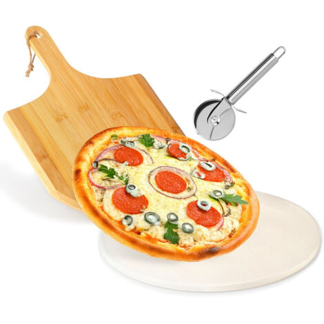 SET DI PIETRE PER PIZZA IN ARGILLA RESINA, PALA E COLTELLO PER IL PANE (3 PEZZI)