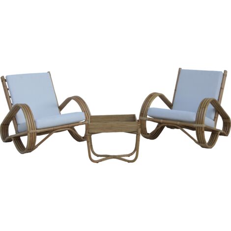 Set di poltrone in rattan naturale e tavolino da giardino terrazza giardino Chillvert Parma 68x83x68 cm con cuscini bianchi