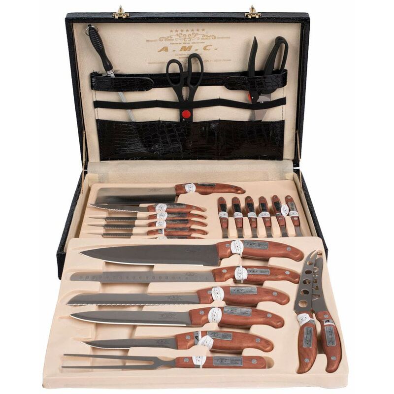 Image of AMC - Set di posate ed accessori da 24 pezzi in acciaio inox manici in legno elegante