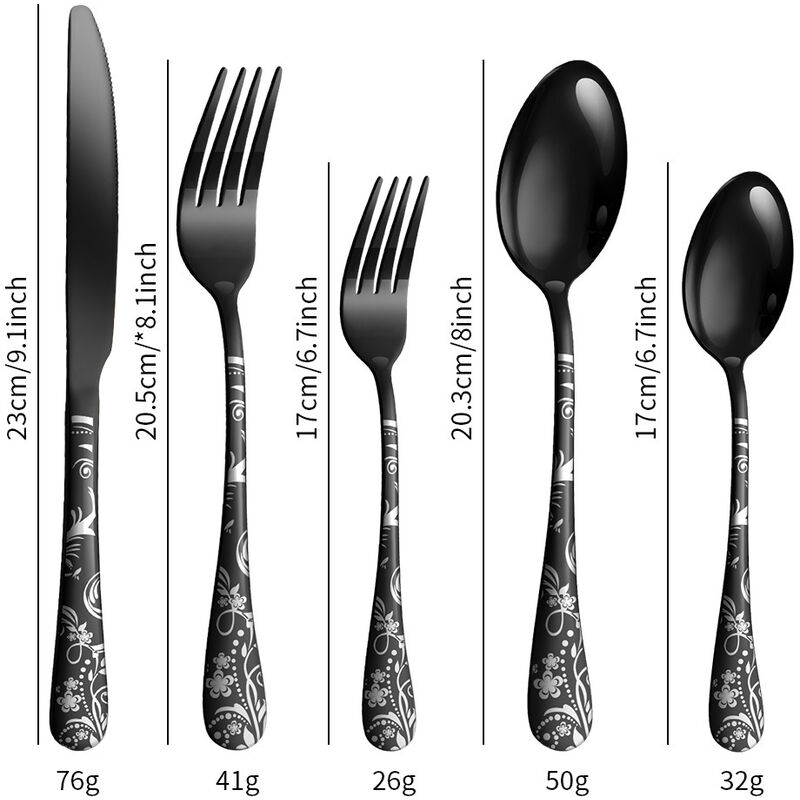 Set di posate nere, modello da 20 pezzi, set di