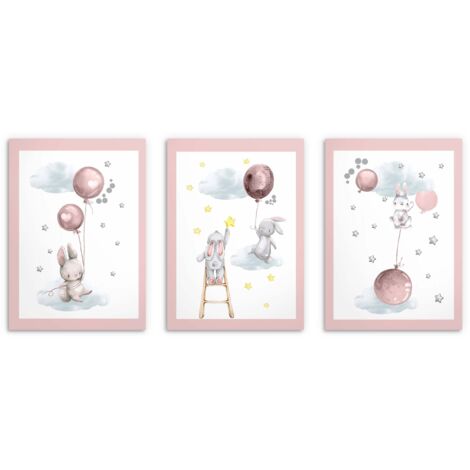 Set di poster per bambini Coniglietti Palloncini rosa pastello Immagini 30x40