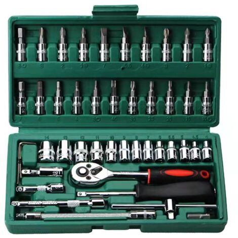 Set di prese e cricchetto da 46 pezzi Set di adattatori per chiavi a cricchetto al cromo vanadio 1/4" Scatola di prese, verde