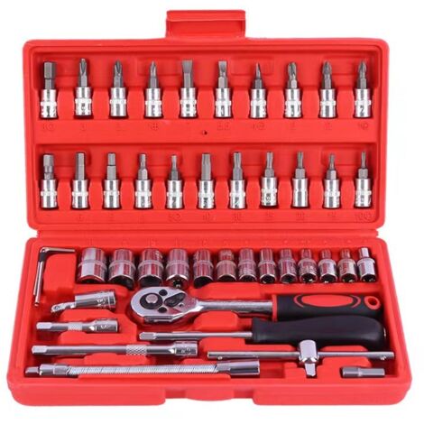 Set di prese e cricchetto da 46 pezzi Set di adattatori per chiavi a cricchetto da 1/4" al cromo vanadio Scatola di prese, rossa