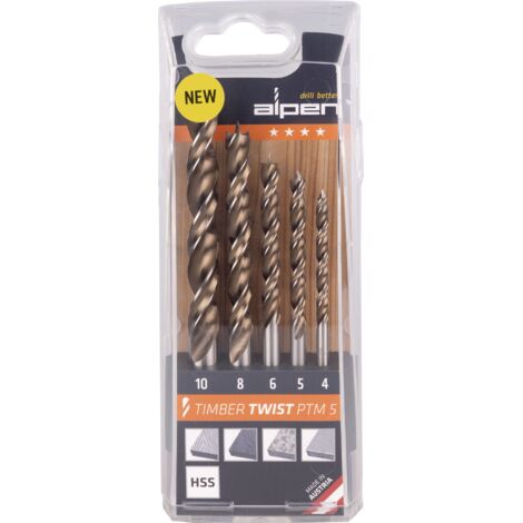 Set di punte a spirale in legno TIMBER TWIST 5 pezzi, diametri 4,5,6,8,10 mm