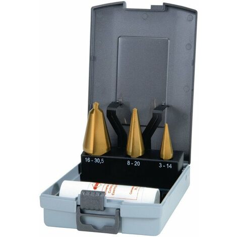 Set di punte coniche 3-14 / 5-20 / 16-30,5 mm HSS-TiN 4 pezzi ABS-Ku.-Kass.RUKO