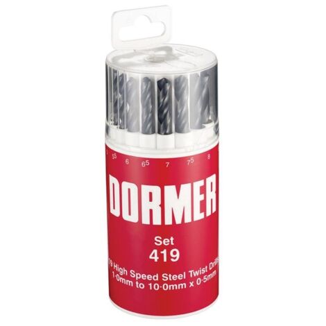 Set di punte elicoidali A191 DIN 338 Tipo N D.1-10x0,5mm HSS Bussola tonda da 19 pezzi DORMER