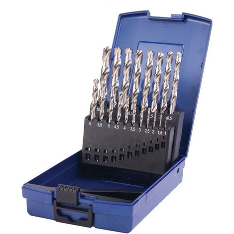 Set di punte elicoidali DIN 338 TypN D.1-10x0.5mm HSS 19 unità in valigetta di plastica.