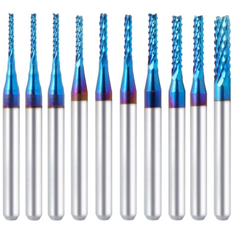 Set di punte per router CNC da 10 pezzi 0,8-3,175 mm con rivestimento nano blu per fresatura, legno, plastica, incisione PCB