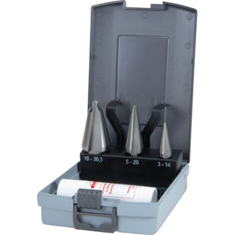 Set di punte per scrostare e forare in acciaio, 3-14/5-20/16-30,5 mm, HSS, 4 pezzi, scatola ABS