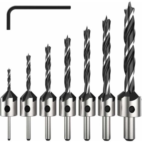 Set di punte per svasatore a 5 scanalature HSS da 7 pezzi, punta per smusso per viti per legno, per viti di varia lunghezza, allentando e stringendo semplicemente la vite, set di strumenti da 3-6 mm