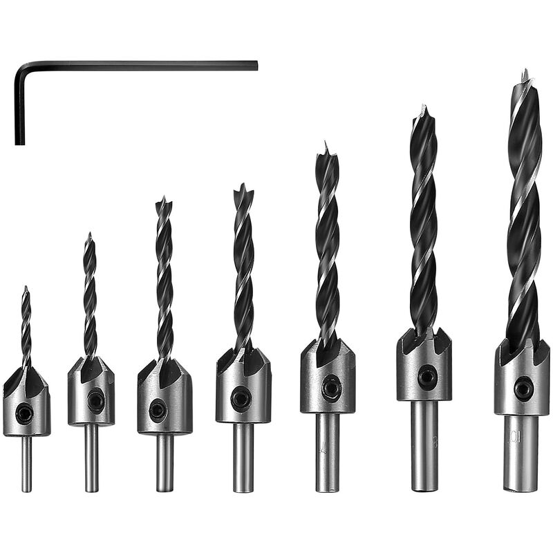Image of No Brand - Set di punte per svasatura, 7 punte per trapano per la lavorazione del legno, 3 punte in acciaio ad alta velocità, con chiave a l per