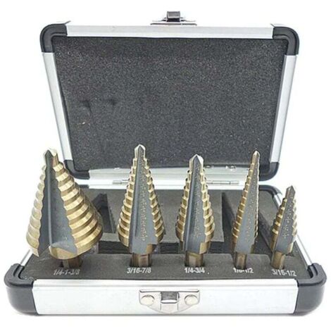 Set di punte per trapano a gradini da 5 pezzi, con custodia professionale in alluminio, gambo esagonale, con tampone autocentrante, per forature precise in acciaio e metallo