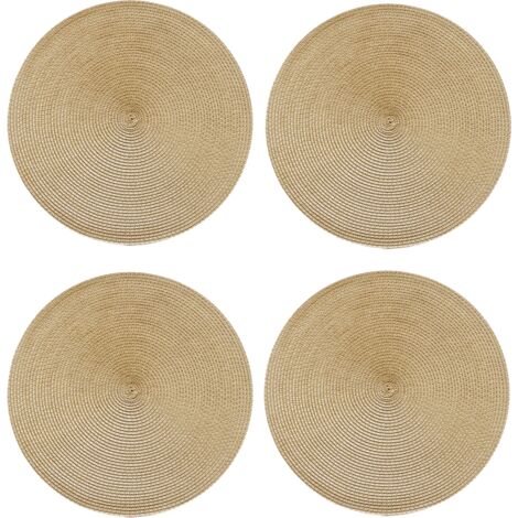 Set di quattro grandi tovagliette intrecciate per tavolo da pranzo, tovagliette rotonde in tessuto intrecciato da 38 cm per uso interno, resistenti al calore e antiscivolo, colore oro.