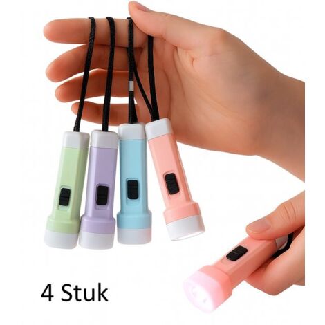 Set di quattro mini torce elettriche – Torcia a LED multicolore – Luce portachiavi portatile – Funziona a batterie – Gadget divertente, perfetto per feste, avventure e regali di Natale.