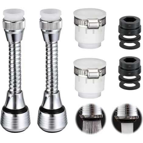 Set di rubinetteria in due pezzi: rubinetto a risparmio idrico, prolunga con 2 soffioni doccia regolabili, filtro e doccetta estraibile.