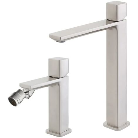 Set di rubinetti lavabo alto e bidet color nichel con piletta Lotus