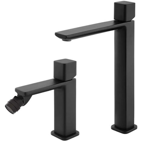 Set di rubinetti lavabo alto e bidet nero opaco con piletta Lotus