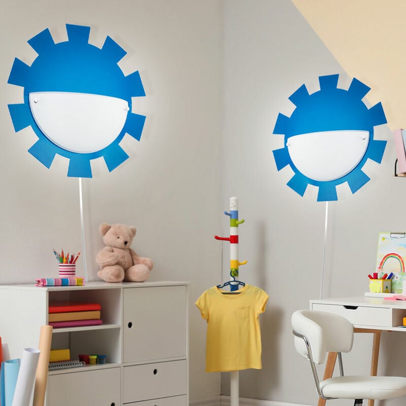 Image of Lampada per camera dei bambini, lampada per sala giochi, lampada da parete, lampada da parete, lampada per bambini, acciaio, vetro, bianco, blu, 1x