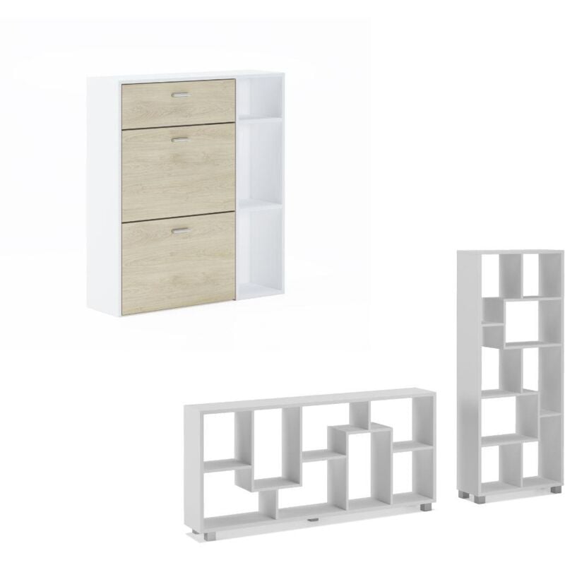 Set di Scarpiere wind, struttura bianca, porta e cassetti in rovere, 90x26x101,5 cm. Libreria bianco opaco, 68,5x25x161cm. - Skraut Home