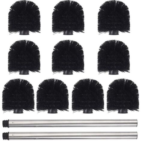 Set di scopini per WC in acciaio inox, 10 testine nere + 2 aste in acciaio inox