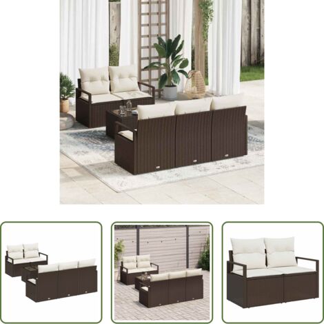 Set di sedute -  Set Divano da Giardino 6 pcs Marrone e Crema polyrattan