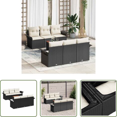 Set di sedute -  Set Divano da Giardino 7 pcs Nero e Crema polyrattan