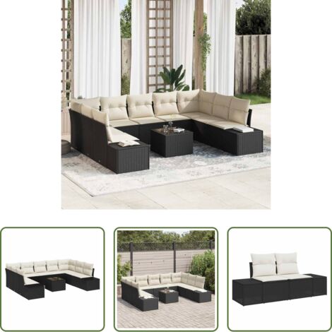 Set di sedute -  Set Divano da Giardino 9 pcs Nero e Crema Polyrattan