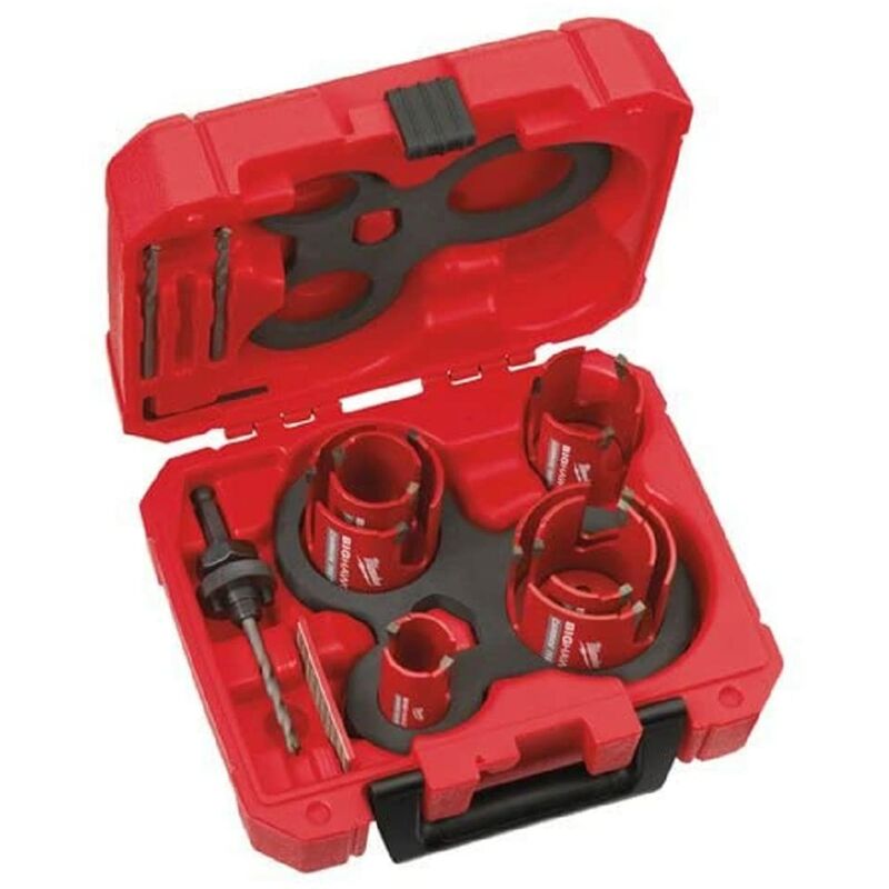 Milwaukee - Estuche de 10 piezas Coronas 35, 44, 51, 57, 68, 76, adaptador con broca, broca piloto, llave hex y afilador.