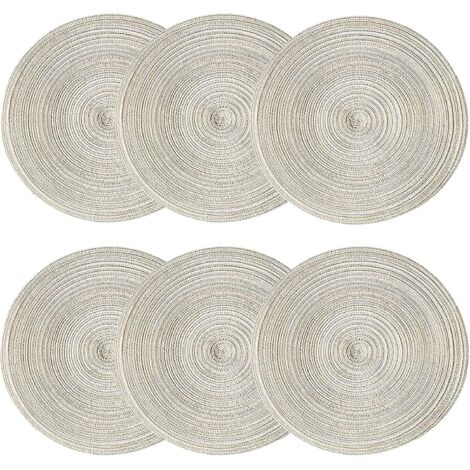 Set di sei tovagliette rotonde intrecciate, 38 cm di diametro, lavabili, antiscivolo, resistenti al calore, adatte per cucine, ristoranti e feste, colore beige.
