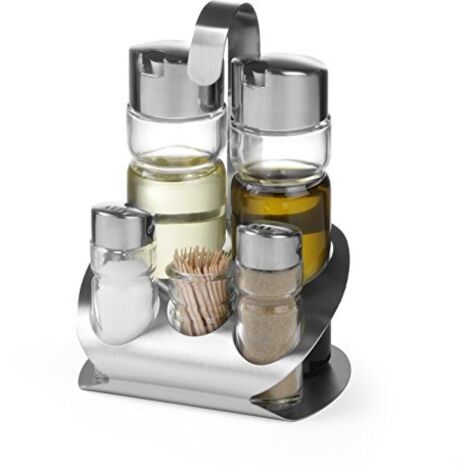 Set di spezie in acciaio inox con sale, pepe, olio d'oliva, aceto e stuzzicadenti - Hendi 465363