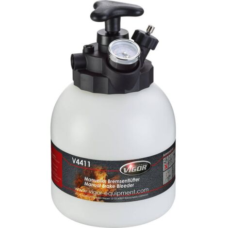 Set di spurgo freni ViGOR V4411,Pressione d'esercizio: max 1,4 bar, campo del manometro: 0 2 bar, serbatoio da 3 litri, Spurgo di sistemi frenanti e frizione con valvola di rilascio