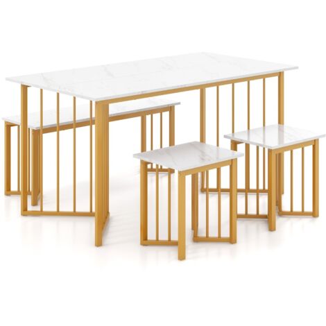 Set di tavolo da pranzo moderno con 4 posti, Tavolo da cucina rettangolare con panca e 2 sgabelli Bianco