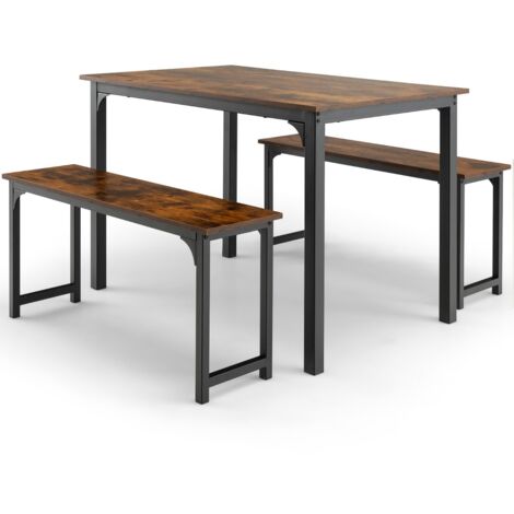 Set di tavolo e 2 panche da cucina con struttura in metallo antiruggine, Set tavolo e sedie da pranzo Marrone
