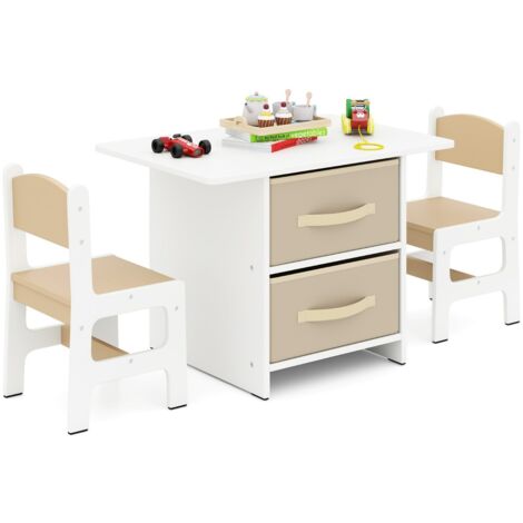 Set di tavolo e 2 sedie bambini, Set di scrivania da 3 pezzi con ceste portaoggetti rimovibili per stanza giochi Beige e Bianco