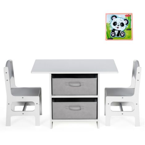 Set di tavolo e 2 sedie bambini, Set di scrivania da 3 pezzi con ceste portaoggetti rimovibili per stanza giochi grigio