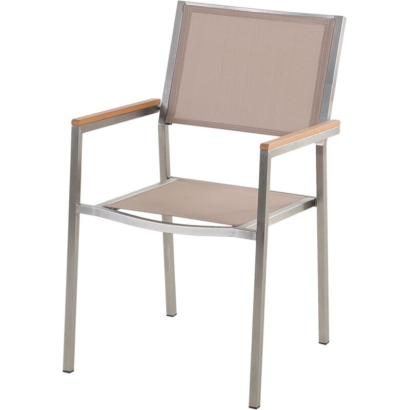 Set di tavolo e 6 sedie da giardino in acciaio, basalto e fibra tessile beige piano singolo Nero lucido 180cm GROSSETO Set di tavolo e 6 sedie da giardino in acciaio, basalto e fibra tessile beige piano singolo Nero lucido 180cm GROSSETO