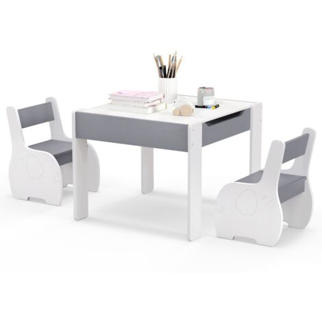 Set di tavolo e sedie per bambini con deposito lavagna rimovibile, Set di mobili 3 PCS per ragazzi e ragazze Bianco e grigio