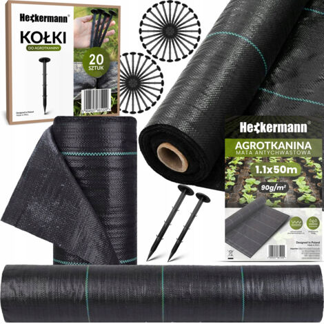 Set di tessuti agrotessili Heckermann 1,1x50 m 90 g/m2 nero + picchetti neri 20 pezzi