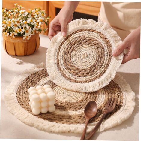 Set di tovagliette rotonde intrecciate in erba e corda di cotone, 38 cm e 25 cm, sottobicchieri assorbenti intrecciati con nappe, protezione isolante per piatti e ciotole, uso quotidiano e decorazione