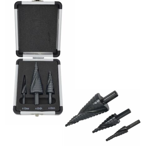 SET DI TRAPANI A SPIRALE A GRADINI AWTOOLS 3 pezzi / 4-12 4-20 4-32 mm / AICrN / NERO / VALIGETTA IN PLASTICA.