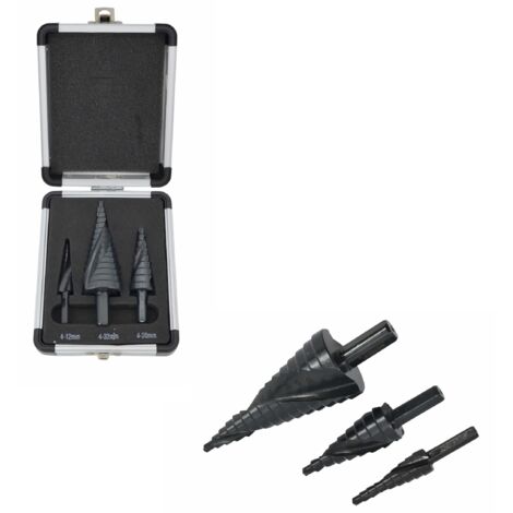 SET DI TRAPANI A SPIRALE A GRADINI AWTOOLS 3 pezzi / 4-12 4-20 4-39 mm / AICrN / NERO / VALIGETTA IN PLASTICA.
