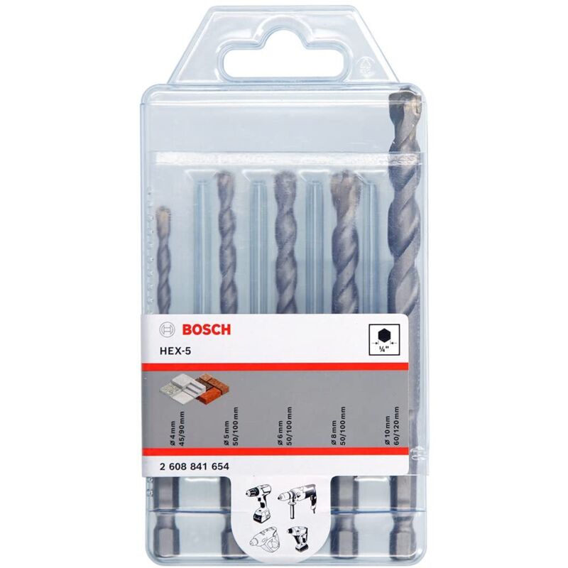 Bosch - Professional Set di 5 Punte da Calcestruzzo HEX-5 (per Calcestruzzo, ø 4/5/6/8/10 mm, Accessori Perforatrice a Percussione)
