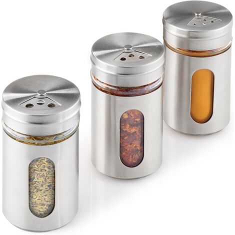Set di tre barattoli per condimenti in vetro e acciaio inox, 100 ml