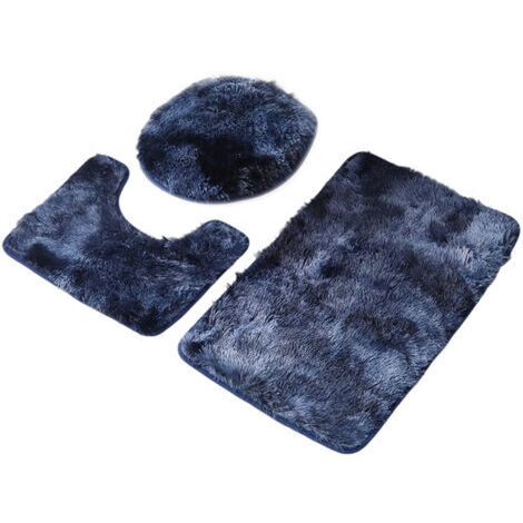 Set di tre tappetini da bagno, composto da un tappetino curvo e un copriwater ricamato, di colore blu navy.