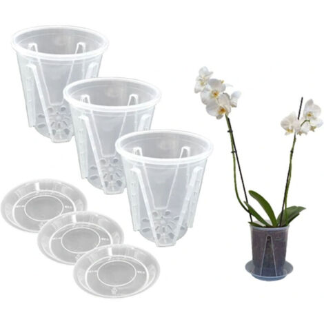 Set di tre vasi per orchidee in plastica rigida trasparente. Diametro: 16 cm.