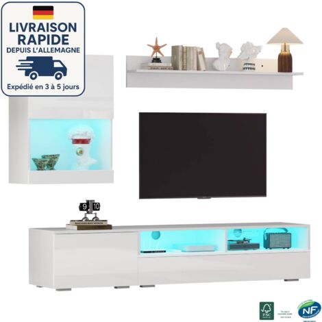 Set di unità da parete per TV - Supporto TV + Mobiletto da parete + Mensola da parete, LED e bianco
