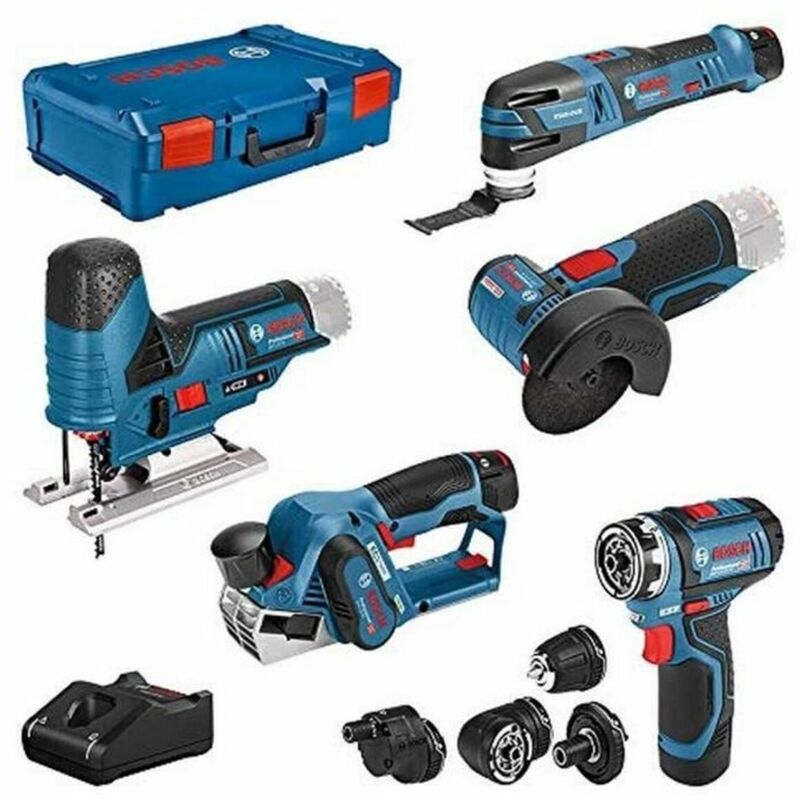 Set di 5 utensili Bosch 12V: GSR + GOP + GHO + GWS + GST + 3x GBA + GAL + XL-BOXX