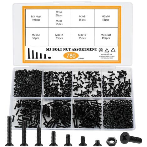 Set di viti piccole a testa svasata Phillips temprate nere, 780 pezzi M3M4