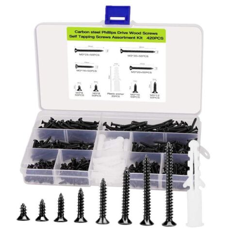 Set di viti piccole M3, set di viti per legno, 420 viti autofilettanti piccole a testa piatta Phillips, viti per legno nere, viti per cerniere per armadietti, acciaio al carbonio, incl. 20 tasselli M6
