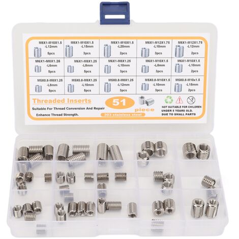 Set d'inserts de réparation de filets en stainless steel de qualité 303, assortiment de 51 pièces M5 à M8 avec boîte de rangement.
